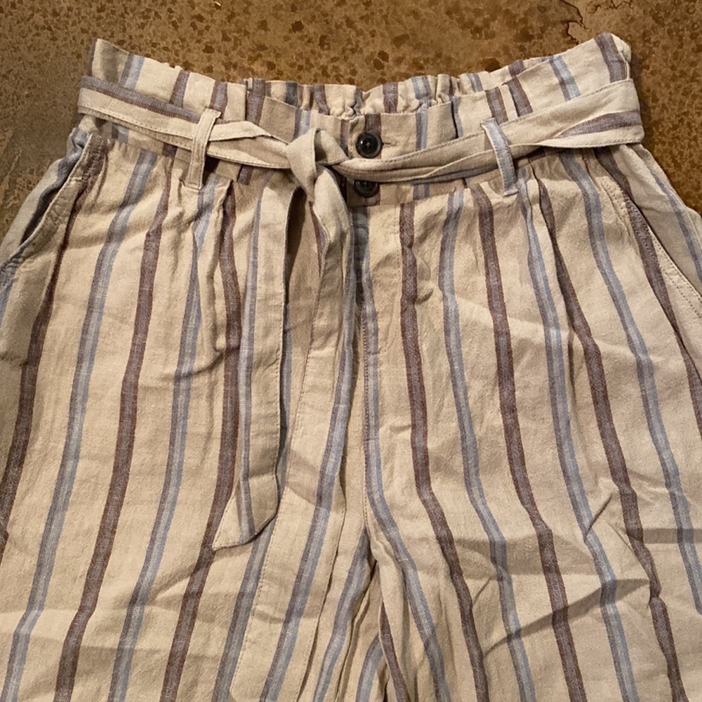 REWASH Linen boho striped tie waist wide leg flowy cropped raw hem pants